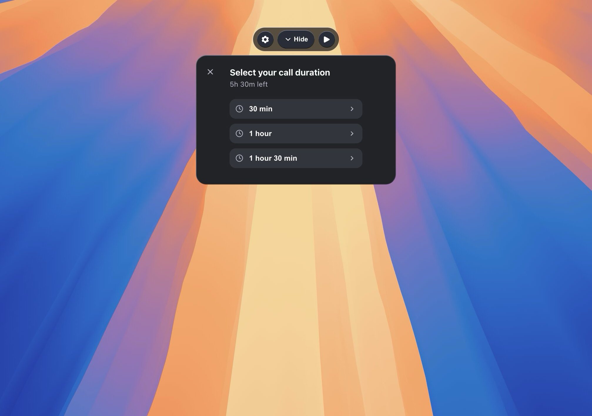 Hovrlay call duration picker: 30 minutes, 1 hour, or 1 hour 30 minutes