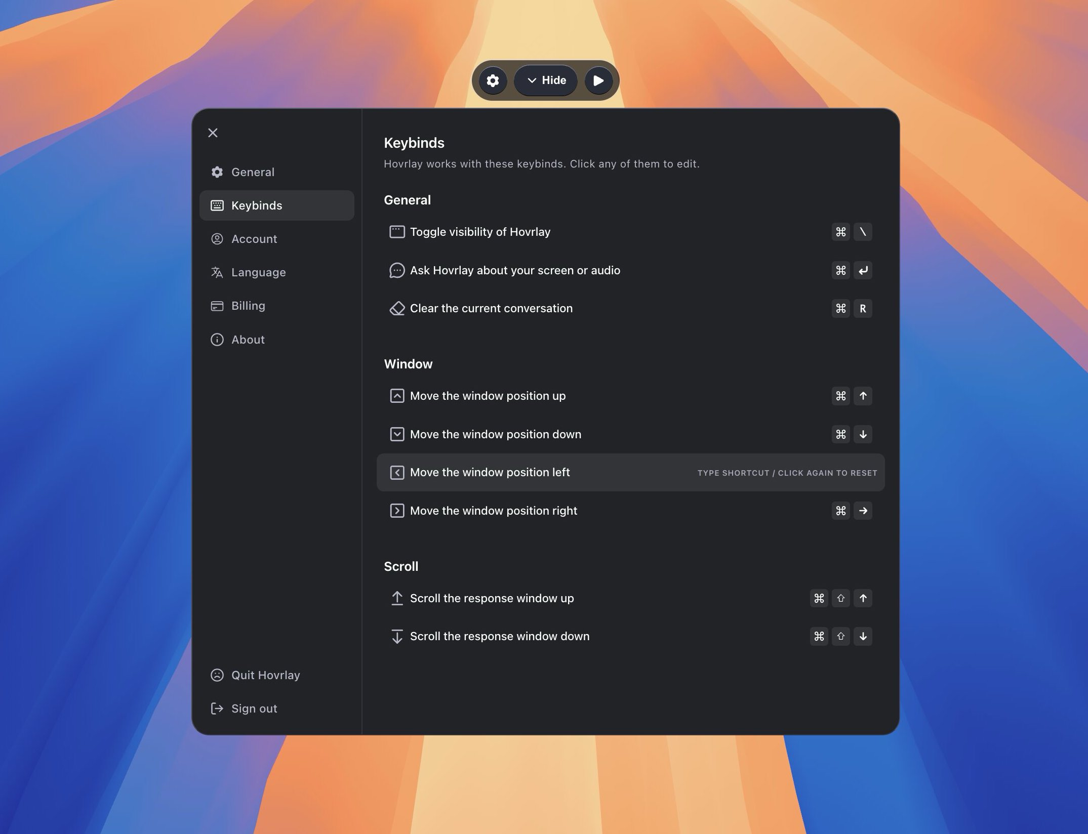Hovrlay customizable keyboard shortcuts settings