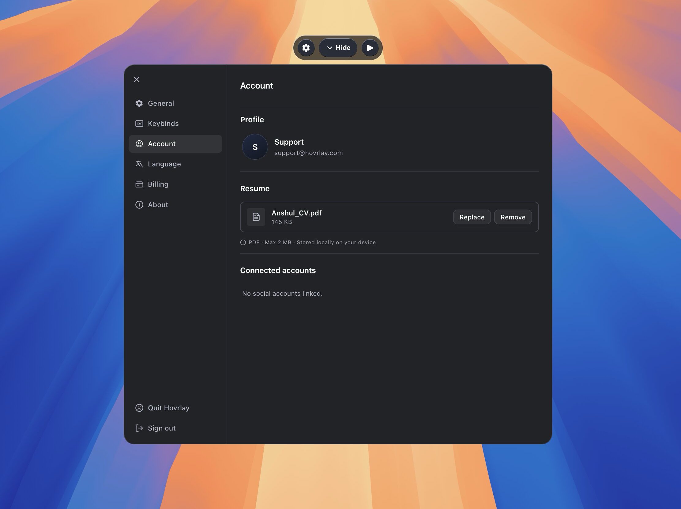 Hovrlay resume upload in the Account settings panel